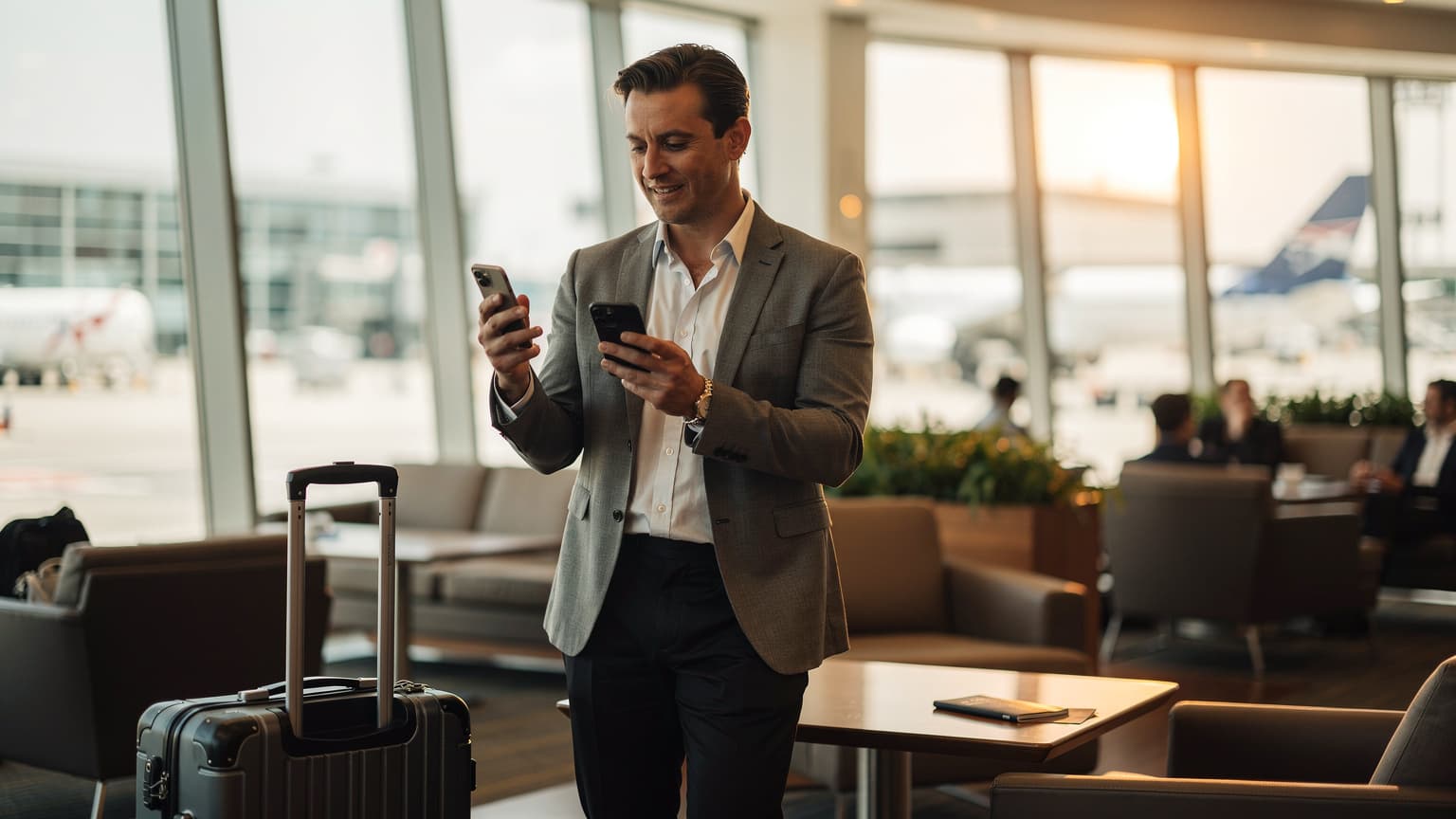 A photorealistic hero image for a travel/tech magazine. A professional-looking person, mid-30s, stands in a brightly lit, modern international airport lounge or a chic hotel lobby, looking confidently at their smartphone. The image symbolizes the ease and speed of eSIM setup for overseas business trips, with natural light and a cinematic 16:9 aspect ratio, free of text or logos.
