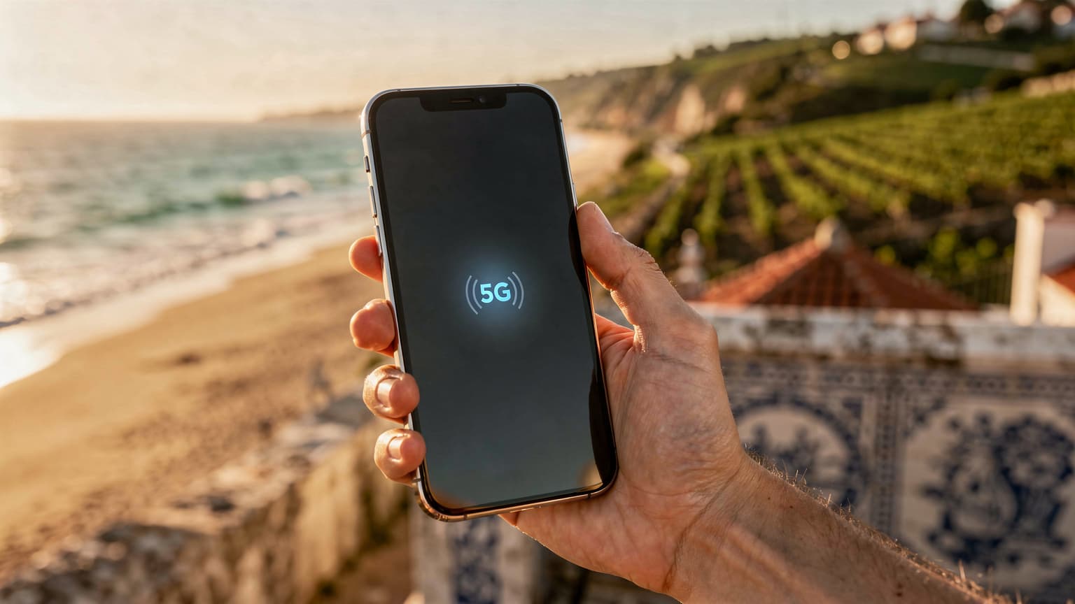 A close-up of a hand holding a futuristic smartphone with a 5G icon, against a blurred, sun-drenched Portuguese summer landscape.