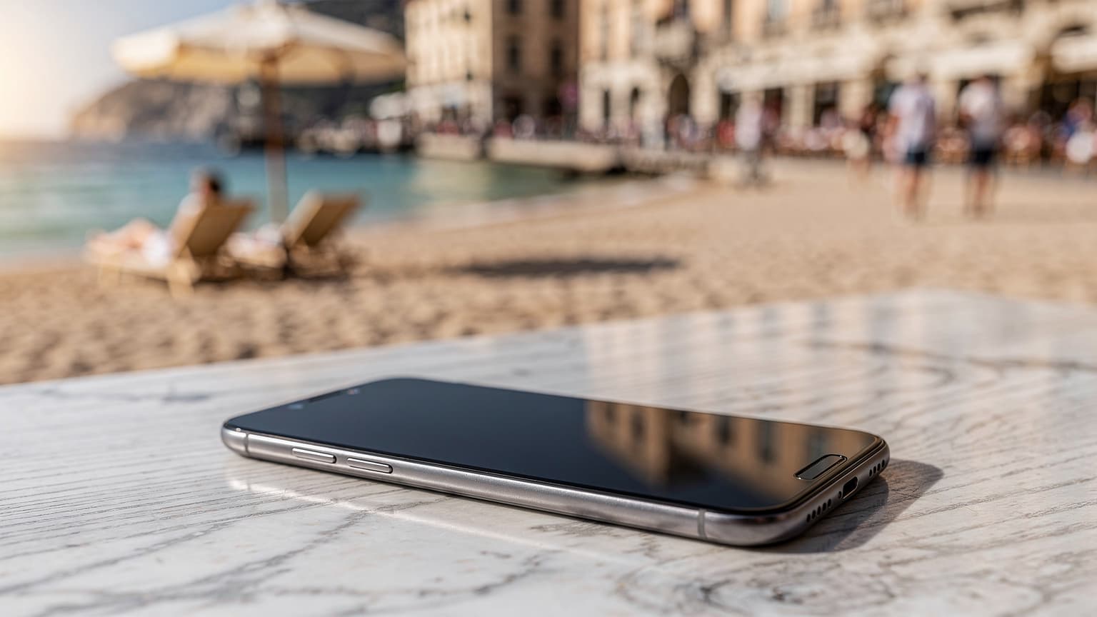 A modern smartphone resting on a cool surface, set against a blurred background of a vibrant, sun-drenched summer travel destination, evoking seamless connectivity during a heatwave.