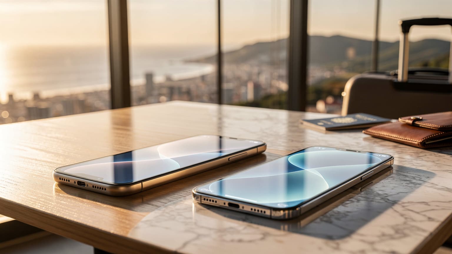 Two modern iPhones on a minimalist table, subtly angled to suggest eSIM transfer, with a blurred, beautiful travel landscape in the background, lit by golden hour light.