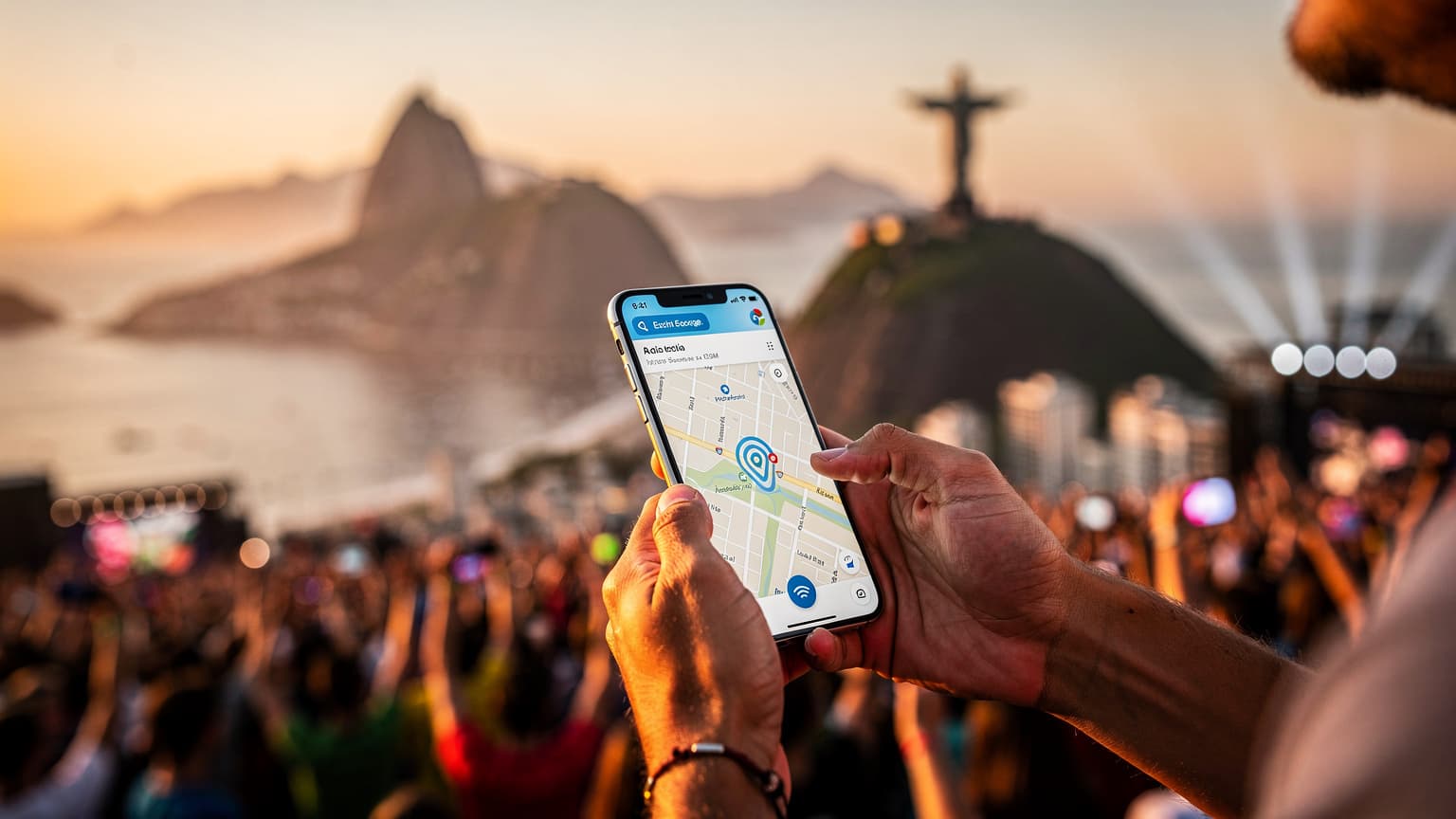 A cinematic, photorealistic hero image for a travel/tech magazine, showcasing Rio de Janeiro during a festival. A person's hands hold a smartphone in the foreground, symbolizing eSIM connectivity, with iconic Rio landmarks and a festive crowd blurred in the background, bathed in golden hour light.