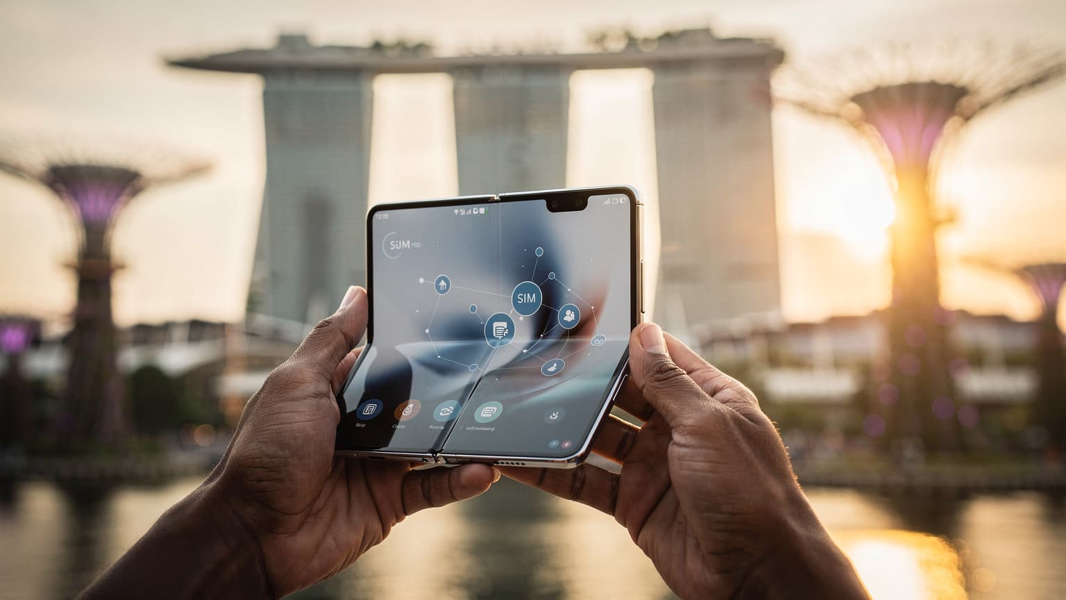 A person's hands hold a modern foldable smartphone, subtly hinting at eSIM setup, against a blurred, sunlit backdrop of Singapore's iconic Supertree Grove or Marina Bay Sands. The image conveys ease of travel and technology.