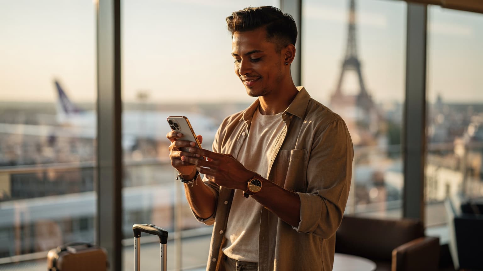 A person confidently using a smartphone in a bright international travel setting, conveying seamless global connectivity and peace of mind.