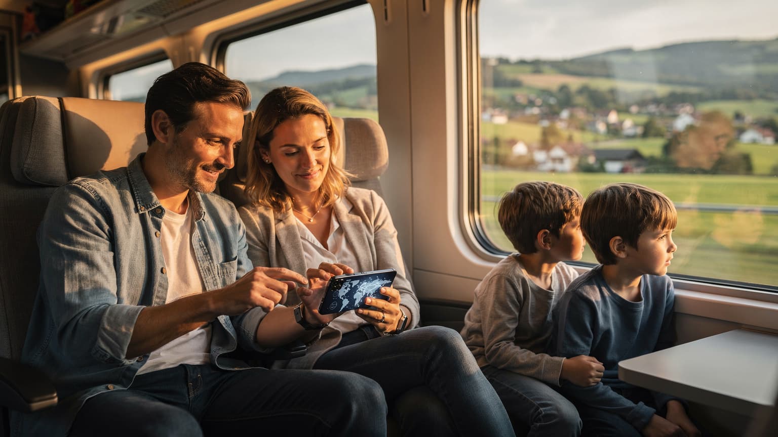 A modern family on a high-speed train, parents using a smartphone, children looking out the window, symbolizing seamless travel connectivity.
