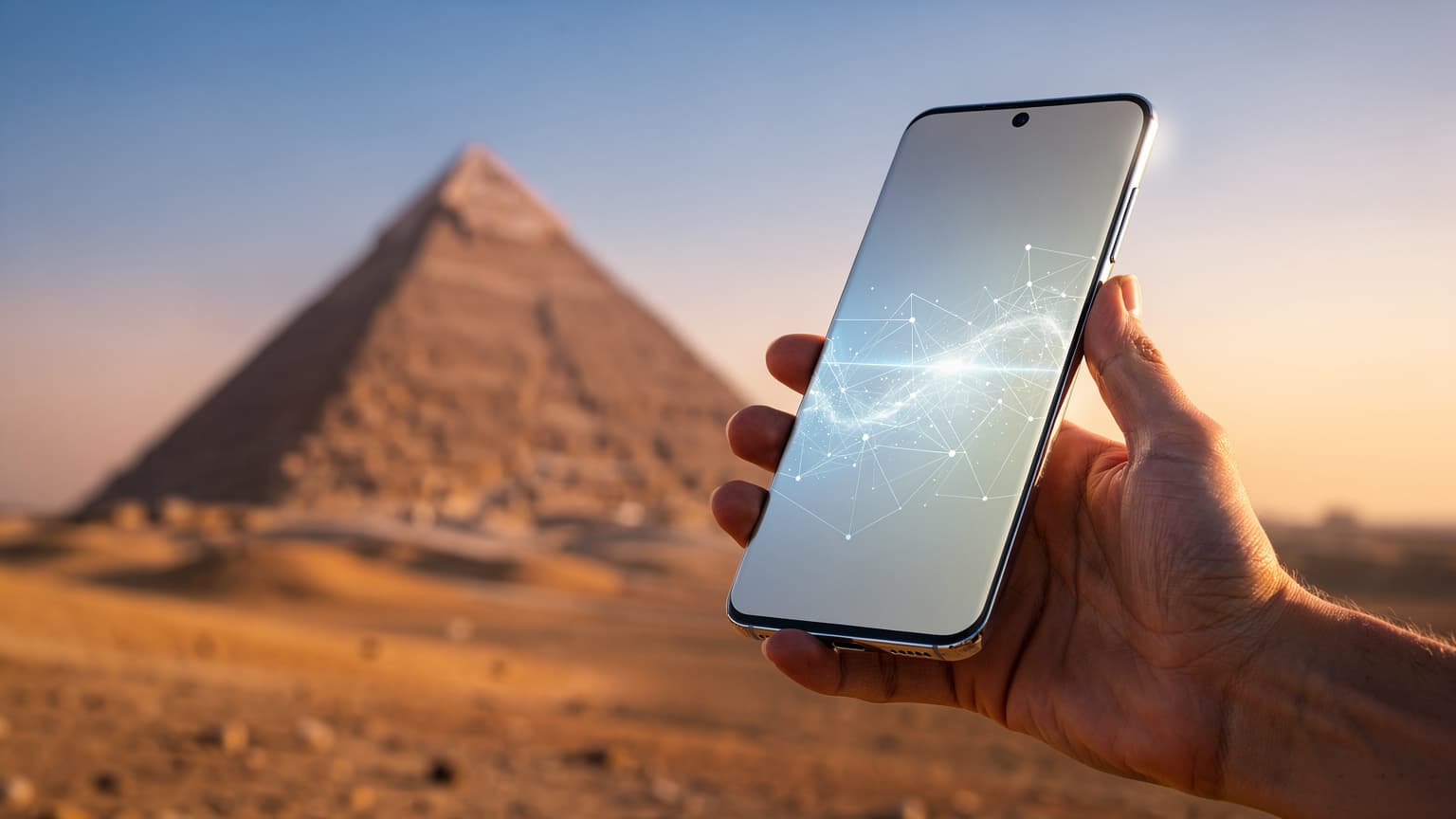 A hand holding a smartphone with a blurred background of the Giza pyramids at sunset, symbolizing modern connectivity in an ancient travel destination.