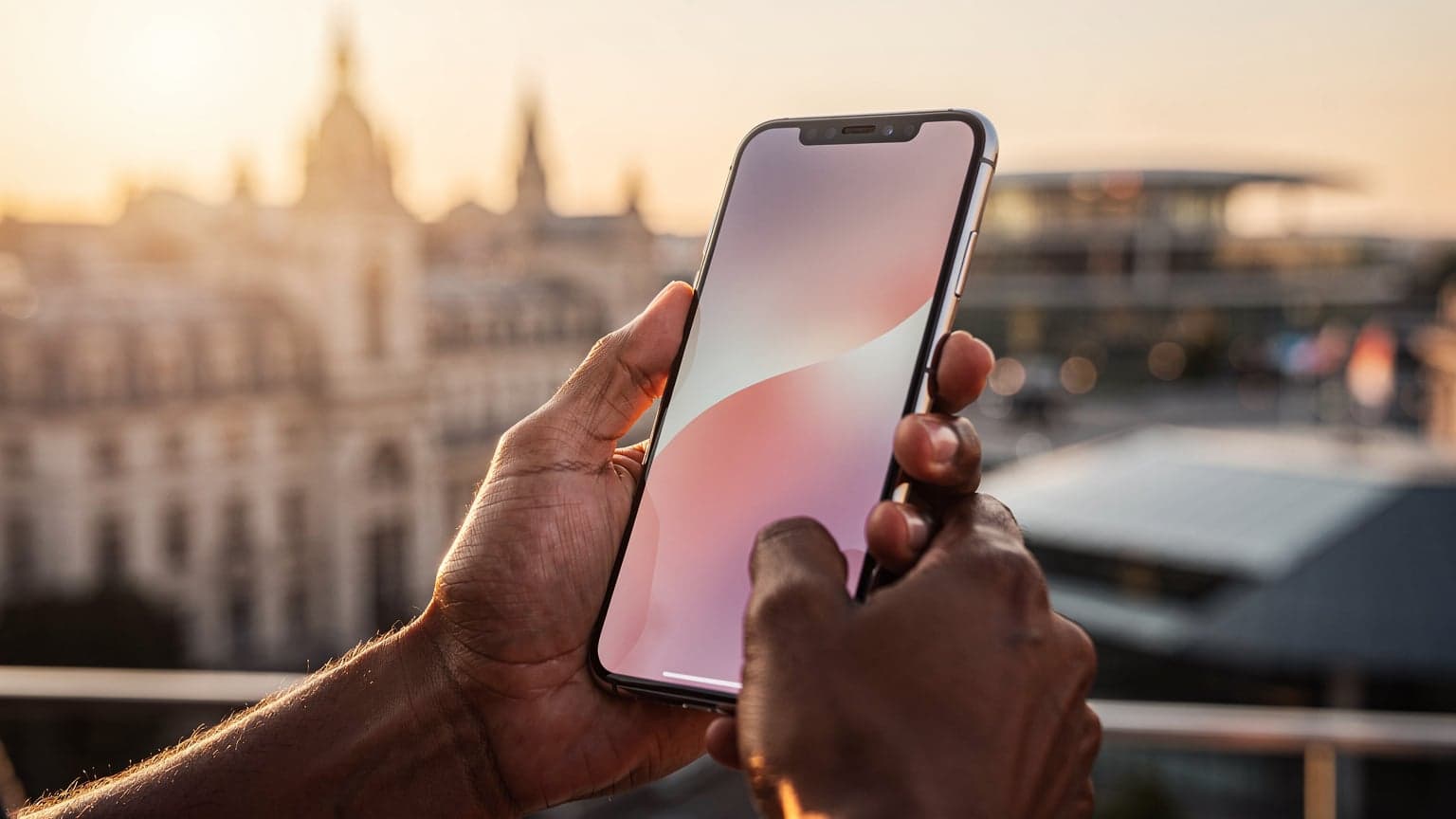 Hero shot of a person using a sleek smartphone against a blurred international travel backdrop, symbolizing fast global connectivity with eSIM.