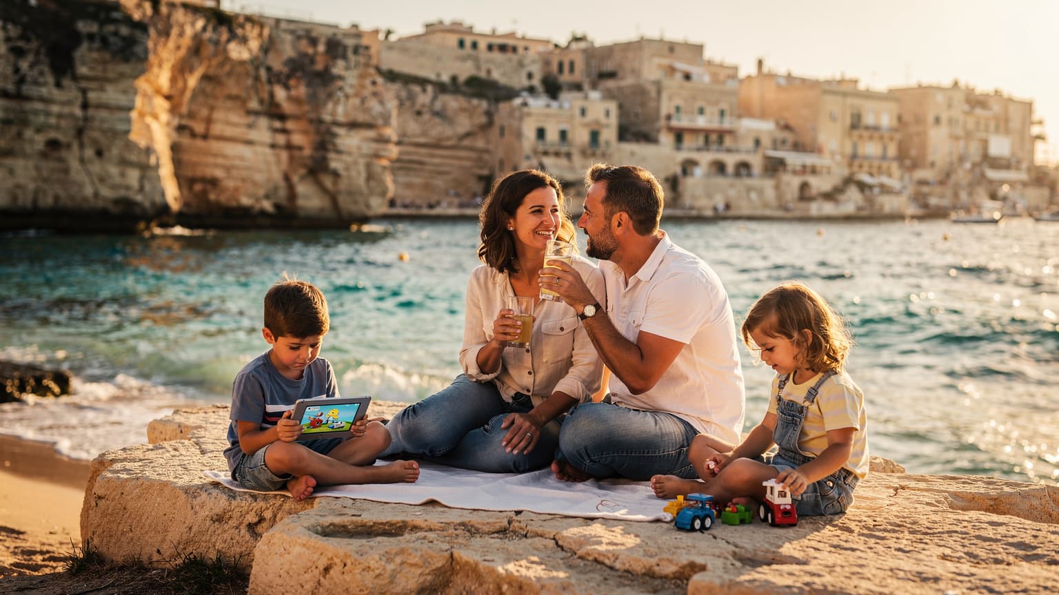 A family relaxing on a sunny Maltese coast, with a child watching a tablet, symbolizing seamless streaming and calm family travel facilitated by eSIM.