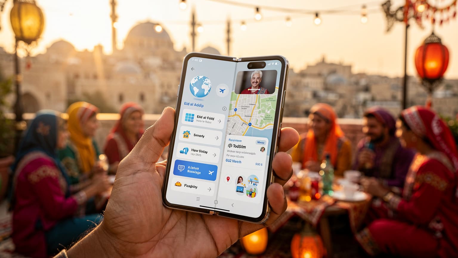A photorealistic editorial image for a travel/tech magazine showing a futuristic Samsung Galaxy Fold or Flip phone being used during an Eid al-Adha holiday, emphasizing seamless travel and connectivity with an eSIM.
