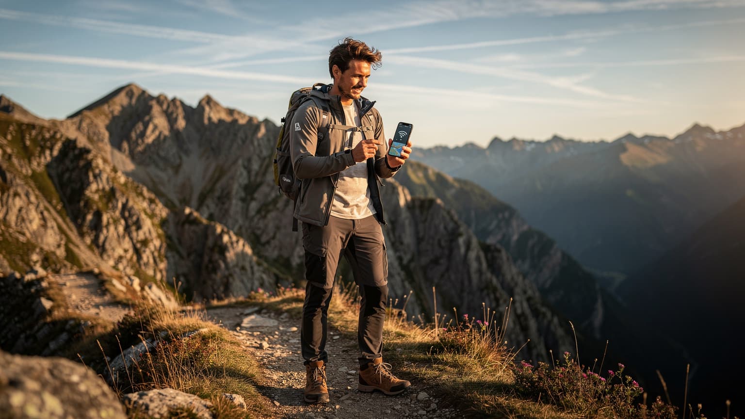 A traveler uses a smartphone in the Pyrenees mountains of Andorra, symbolizing seamless connectivity and adventure.