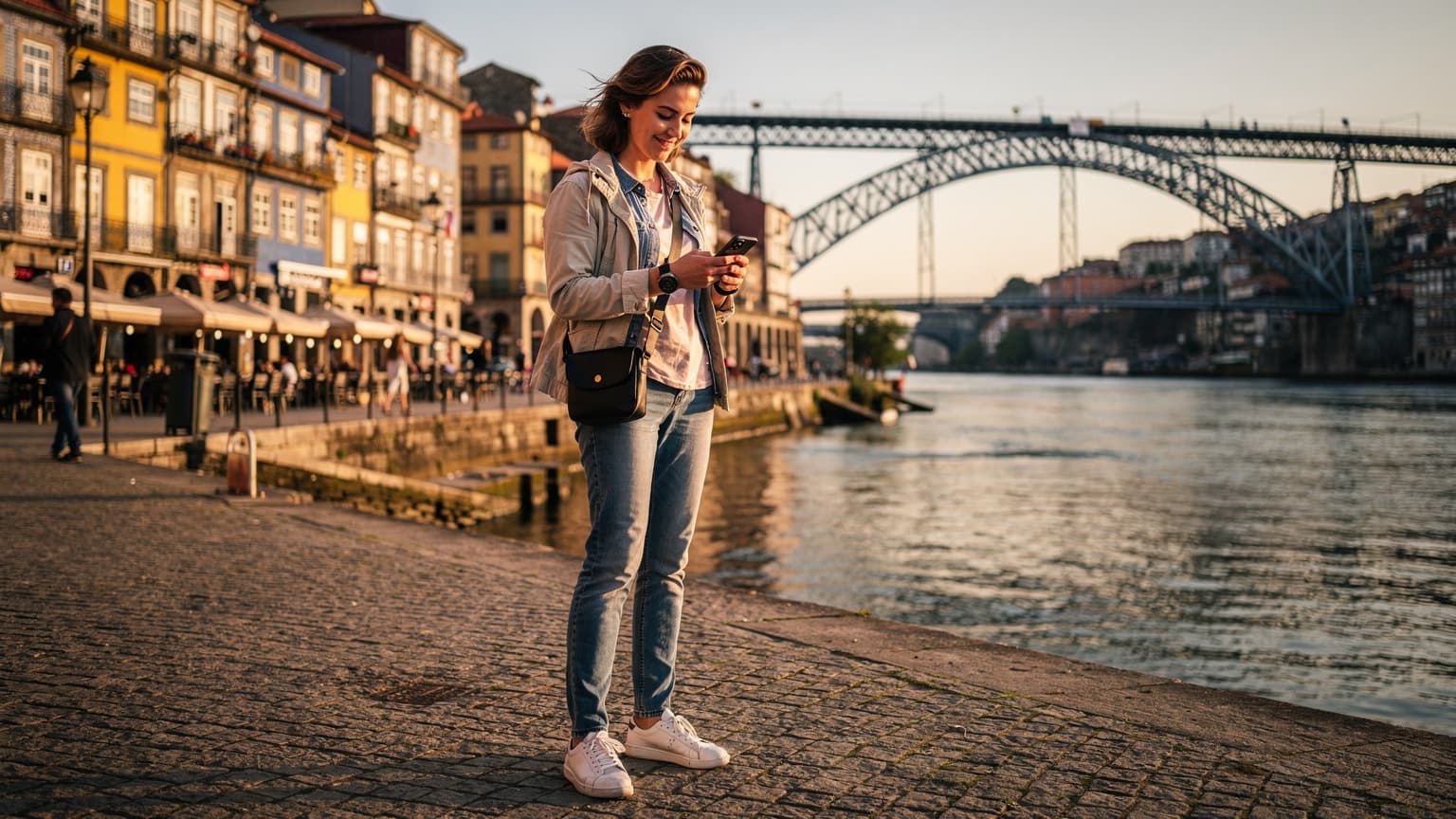 Um viajante sorridente navegando no smartphone, em primeiro plano, com a Ponte Dom Luís I e as coloridas casas da Ribeira, no Porto, ao fundo sob um pôr do sol vibrante.