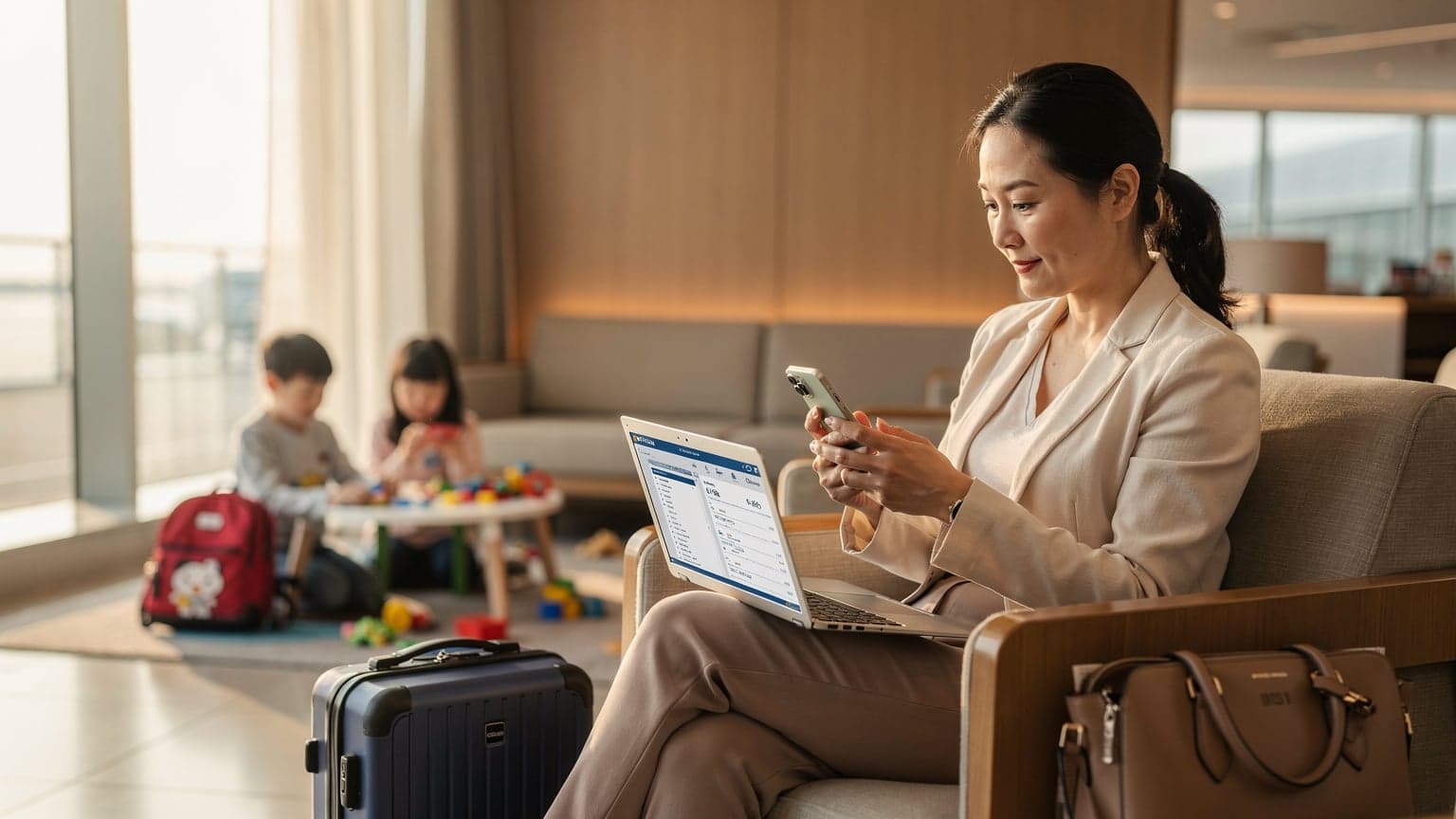 一位媽媽在香港國際機場貴賓室裡, 一邊查看手提電腦上的旅遊行程, 一邊用手機設定eSIM, 兩個孩子則在旁邊的兒童遊樂區玩耍。