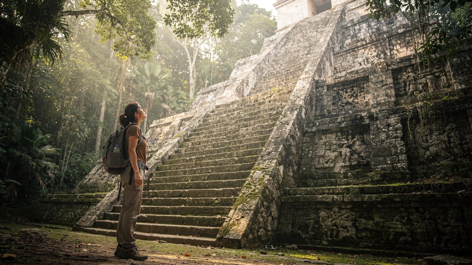 A woman with a backpack gazes at the ancient ruins of Palenque, partially obscured by lush jungle, under a soft morning light.