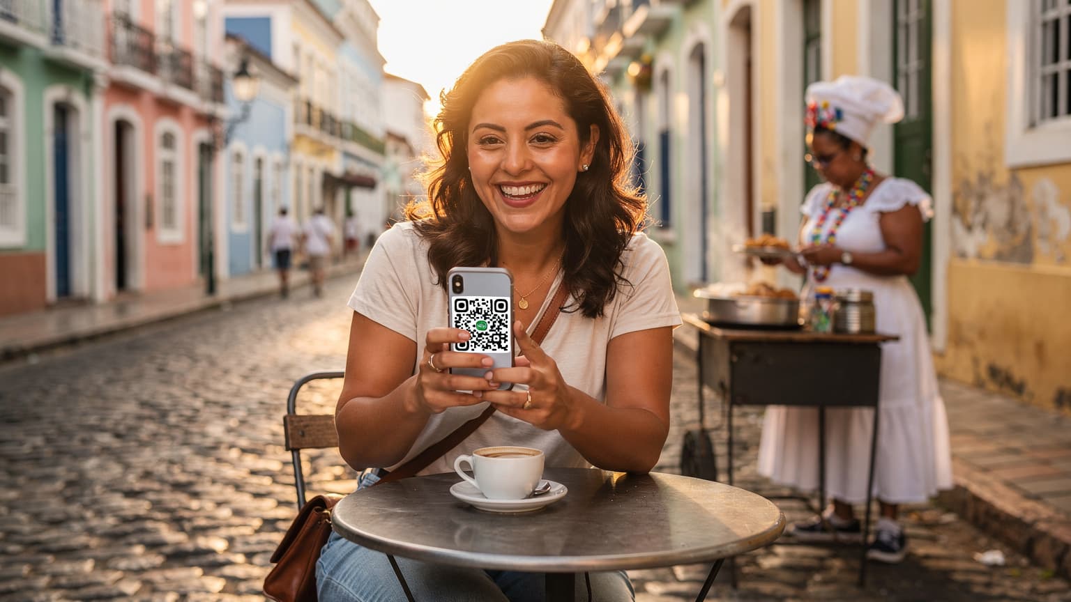 Uma mulher sorridente em um café movimentado de Salvador, Bahia, olhando para seu smartphone com um QR code de eSIM na tela, enquanto ao fundo um vendedor de acarajé prepara a iguaria.