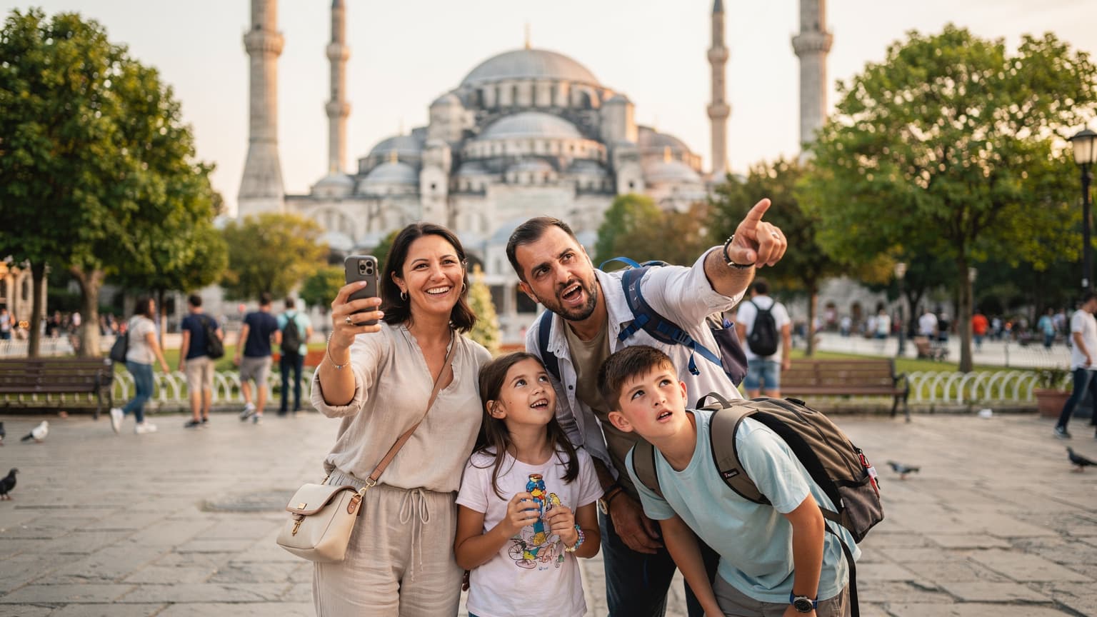 O familie cu doi copii, cu vârste între 8 și 12 ani, zâmbind, în fața unei moschei istorice din Istanbul, cu părinții consultând un telefon cu un eSIM activ pentru navigație.