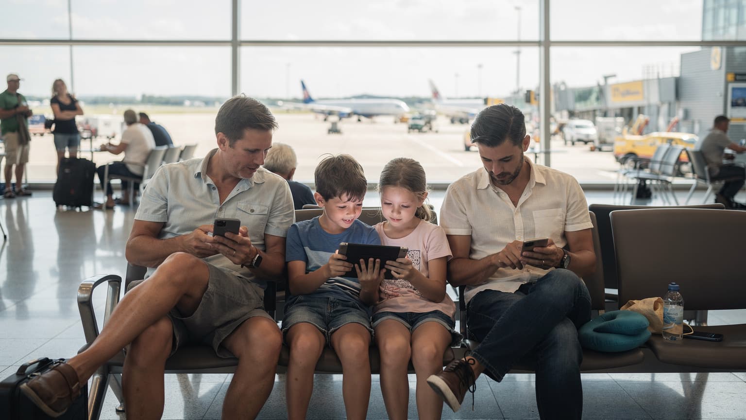 Een familie, vader, moeder en twee kinderen, zit ontspannen te wachten in een moderne, lichte luchthaventerminal, de kinderen kijken naar een tablet terwijl de ouders glimlachend op hun smartphones kijken, wat rust en connectiviteit uitstraalt te midden van de reisdrukte.