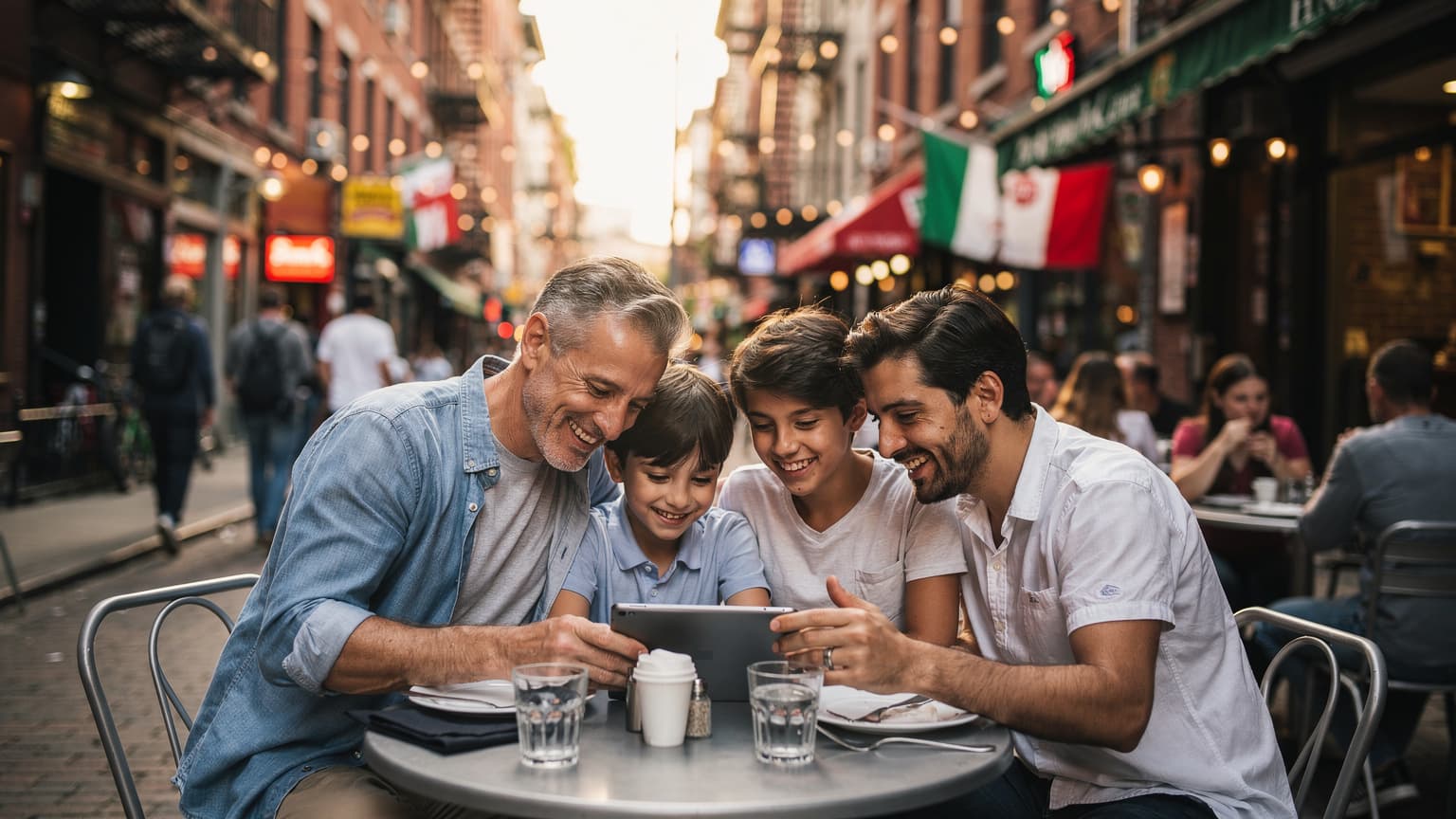 Una famiglia italiana, composta da due adulti e due bambini di circa 8 e 12 anni, sorride mentre consulta un tablet al tavolo di un vivace ristorante all'aperto a Little Italy, New York, con un edificio storico in mattoni rossi sullo sfondo.