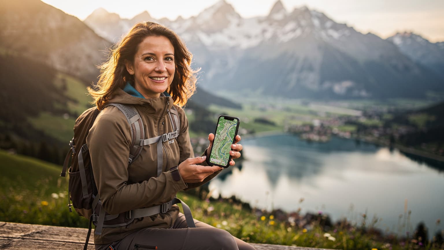 Cestovatelka se usmívá a drží telefon s mapou trasy, zatímco sedí na lavičce s výhledem na zasněžené alpské vrcholky v oblasti Salzkammergut, Rakousko. V pozadí je vidět jezero a typické alpské chalupy.