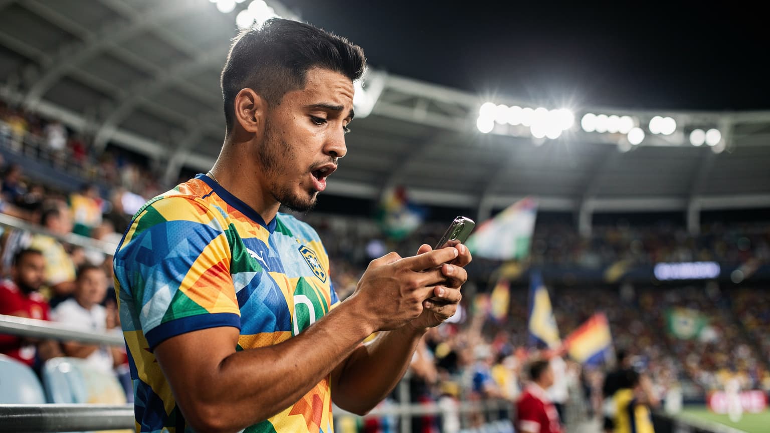 Un aficionado latinoamericano, con la camiseta de su selección, mira su teléfono en un estadio de fútbol de Estados Unidos, revisando resultados de la Copa América.