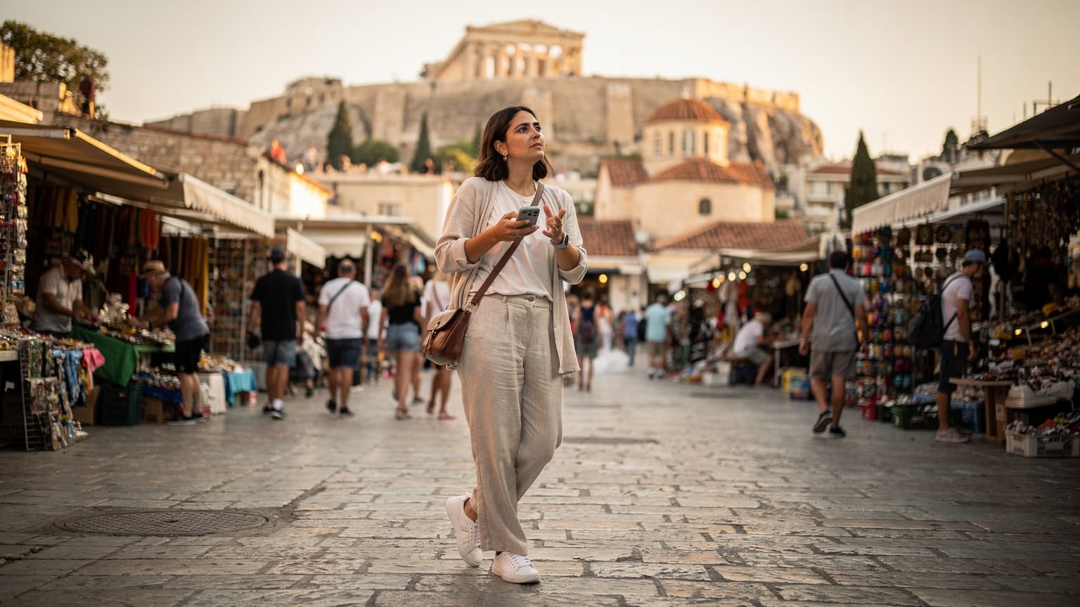 A woman confidently navigating the bustling streets of Athens, Greece, with her smartphone displaying a vibrant map, reflecting the ease of connectivity provided by an eSIM.