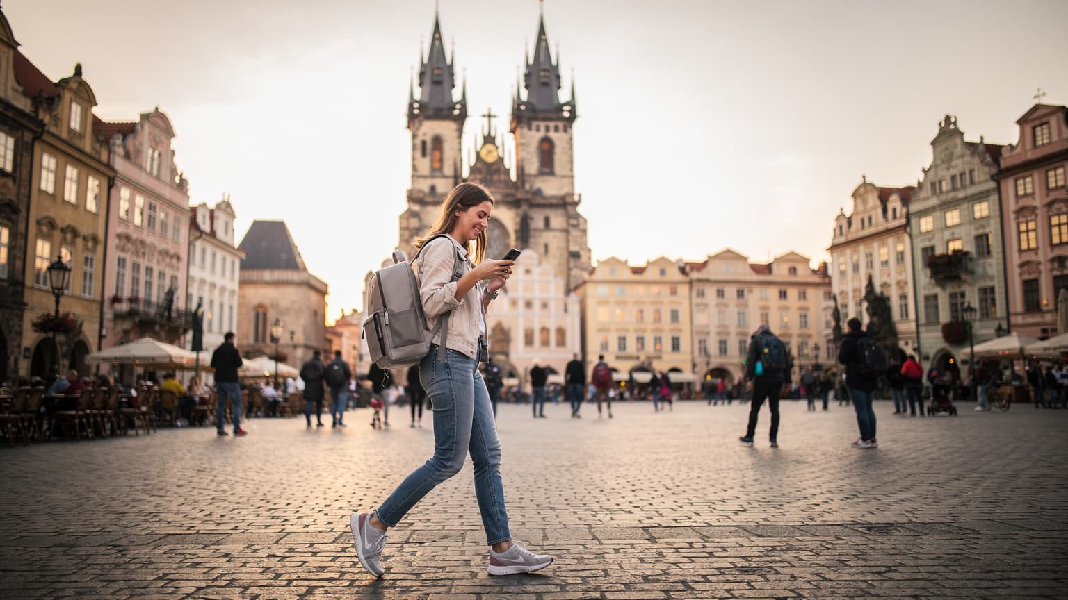 Mladá žena s telefonem v ruce, usmívá se a prochází historickým centrem Prahy, v pozadí viditelné Staroměstské náměstí a Týnský chrám.