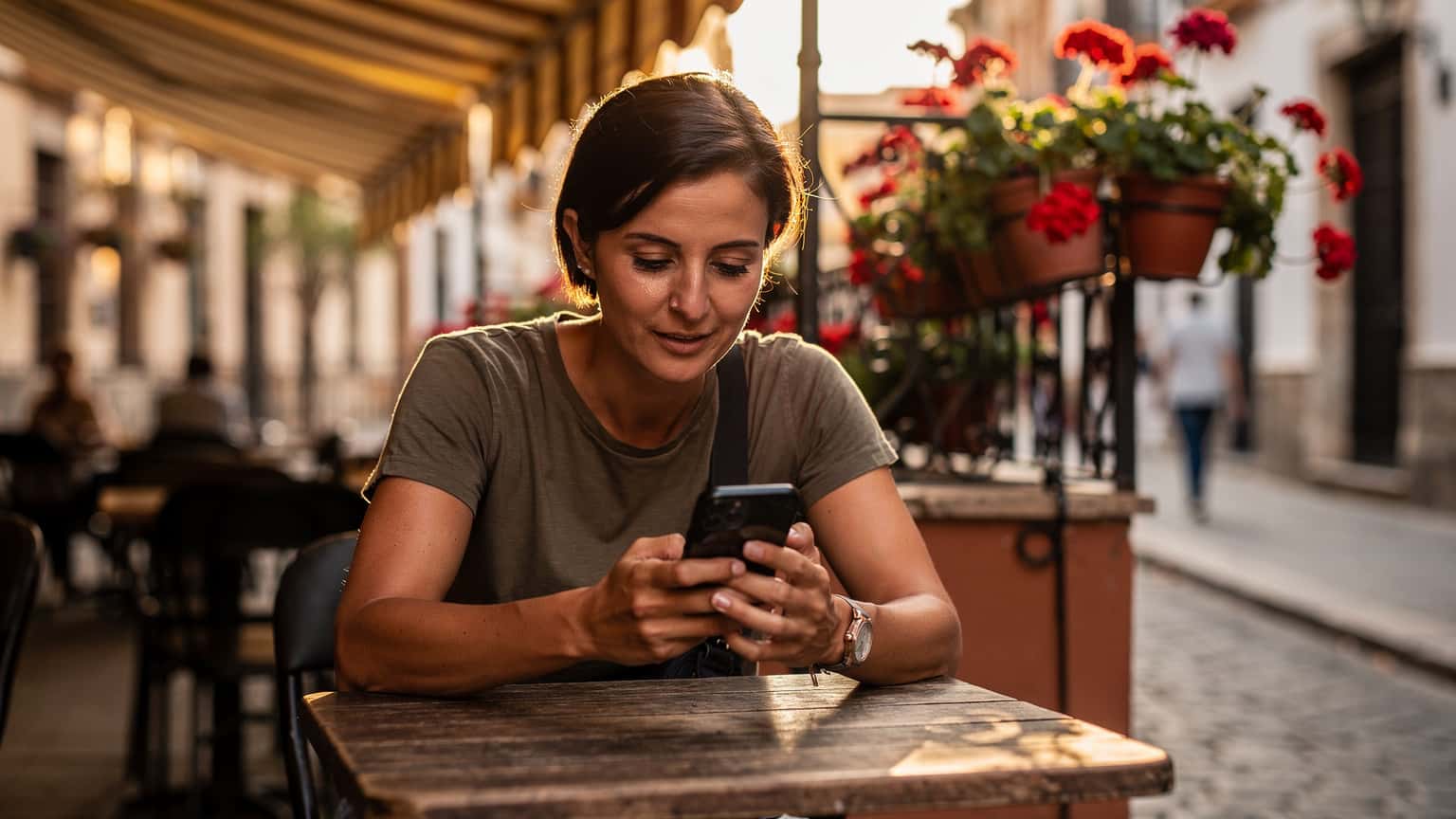 A woman sitting at a rustic wooden table in a sun-drenched cafe in Seville, Spain, looking at her phone with a focused expression, a half-eaten croissant and a coffee cup beside her.