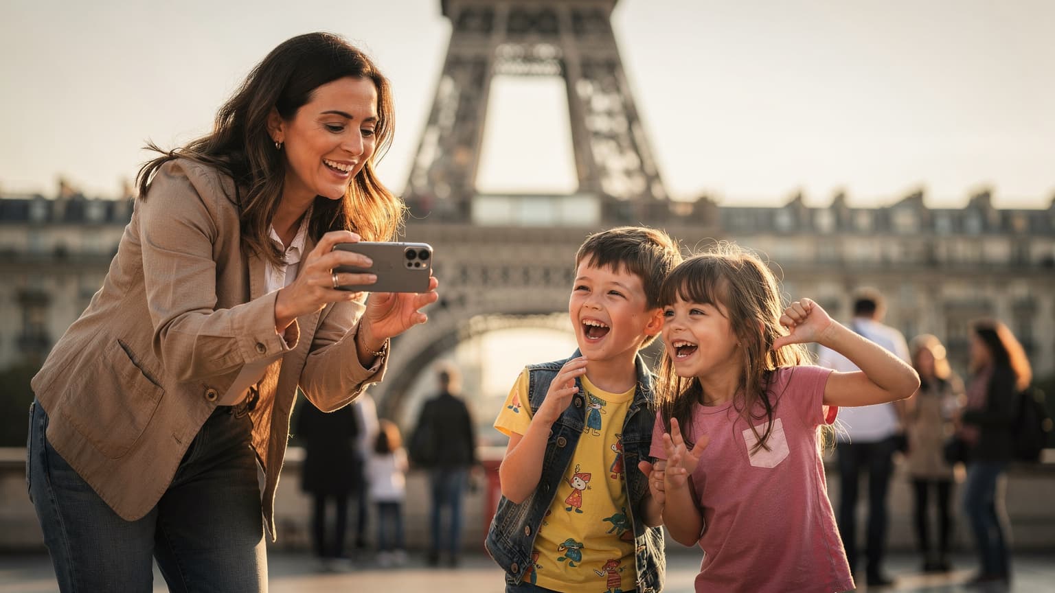Una madre sonriente con su iPhone 14 en la mano, tomando una foto de sus dos hijos riendo frente a la Torre Eiffel en París, bajo una suave luz de atardecer.