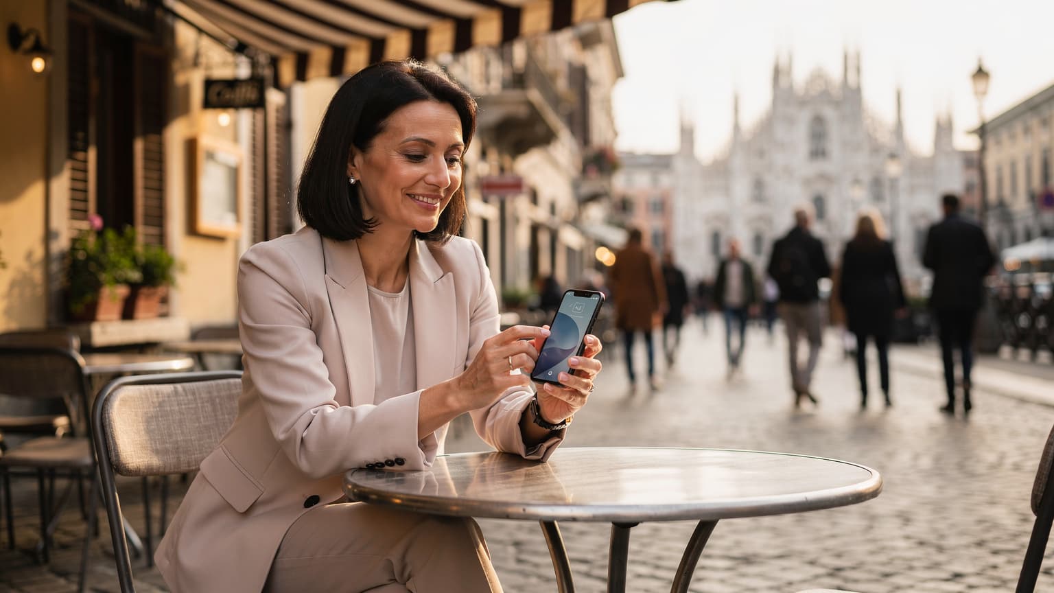 Una donna sorride mentre tiene il suo smartphone con un'interfaccia eSIM sullo schermo, seduta al tavolino di un caffè all'aperto nel quartiere Brera di Milano, con il Duomo in lontananza e passanti eleganti.