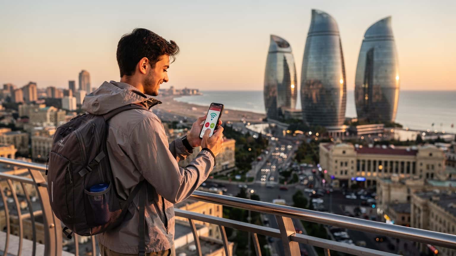 A backpacker standing on the Flame Towers viewing platform in Baku, Azerbaijan, checking their phone for eSIM signal while overlooking the city skyline at dusk.