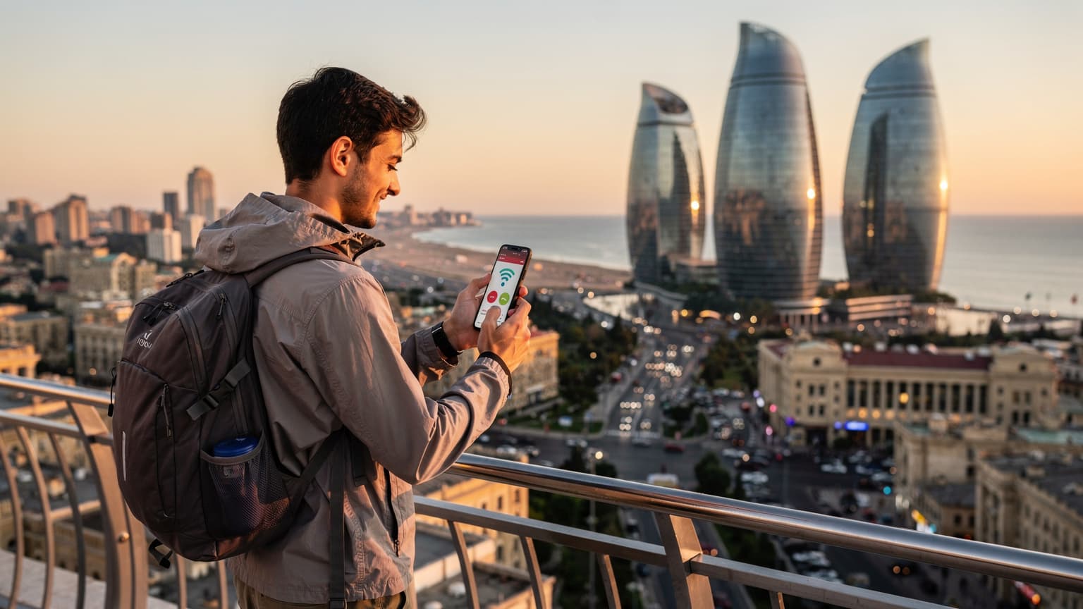 A backpacker standing on the Flame Towers viewing platform in Baku, Azerbaijan, checking their phone for eSIM signal while overlooking the city skyline at dusk.