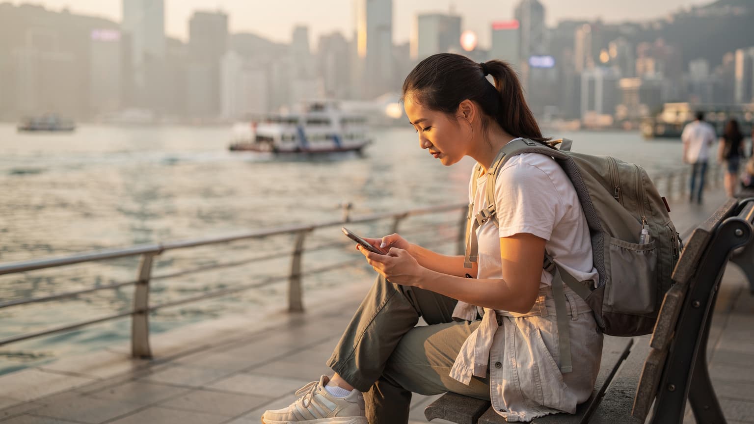 一位年輕的亞洲女性背包客,身穿簡約舒適的旅行服飾,坐在香港維多利亞港邊的長椅上,專注地查看手機上的地圖,背景是閃耀的城市天際線和忙碌的渡輪。她表情略帶思索,似乎在規劃接下來的行程。