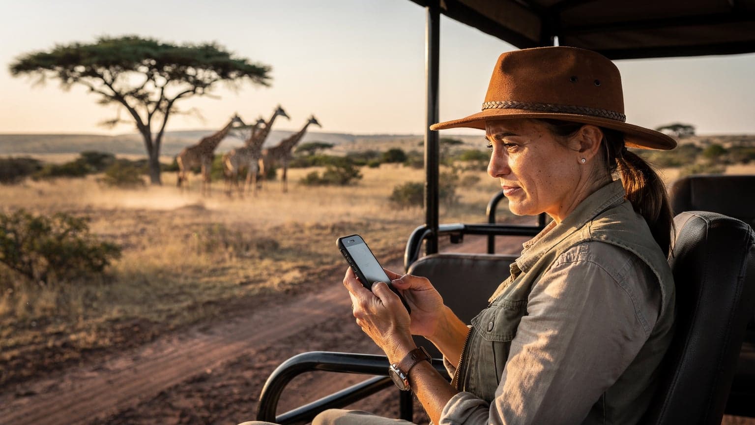 A woman uses her phone to check a map while sitting in the back of an open-top safari vehicle in the Maasai Mara, with giraffes grazing in the background.