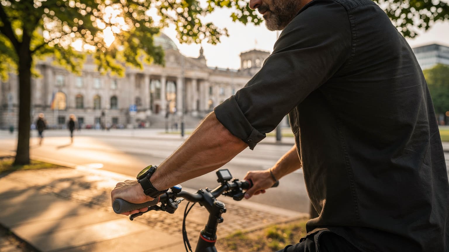 Eine Person mit einer Apple Watch Ultra 3 am Handgelenk, die auf einem Fahrradweg in Berlin-Mitte fährt, mit dem Reichstagsgebäude im Hintergrund und sanftem Morgenlicht.