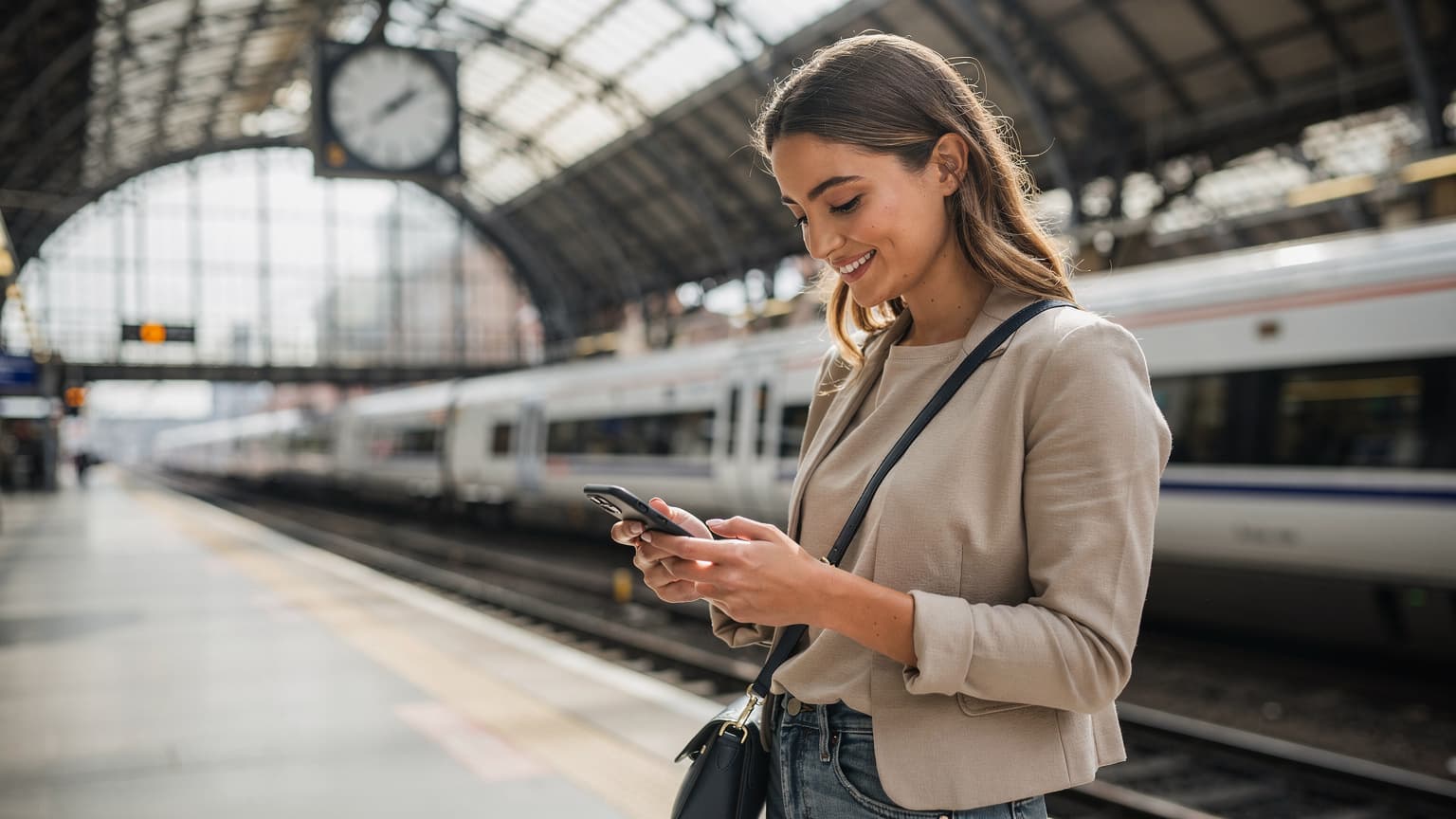 Una mujer joven, sonriendo y consultando su teléfono en el andén de la estación de tren de King's Cross en Londres, con el icónico reloj de la estación al fondo y un tren moderno estacionado.