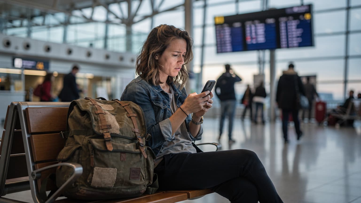 A weary digital nomad in a bustling European airport, checking their phone for service with a slight frown, their backpack resting beside them.