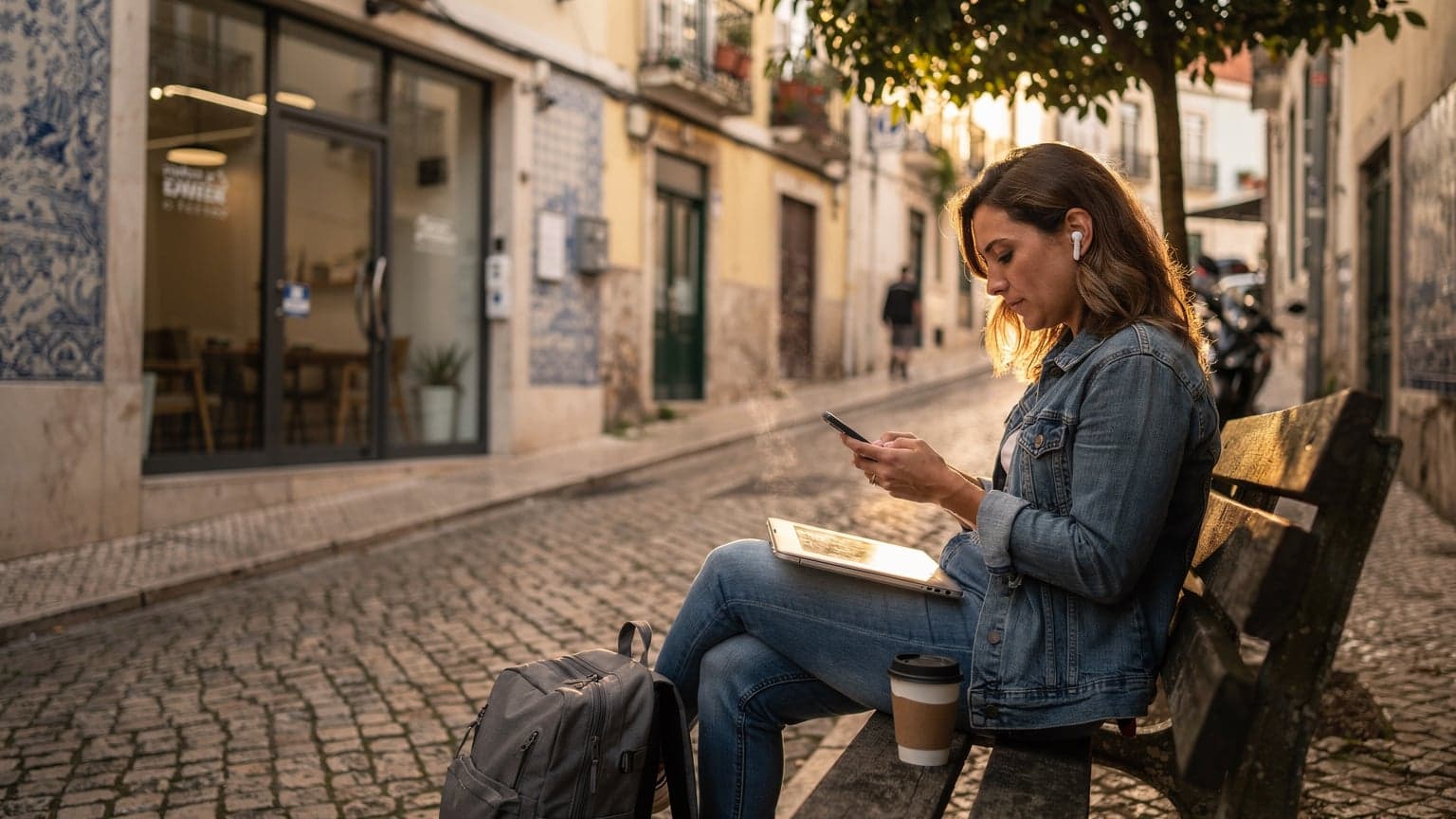 En kvinne med en ryggsekk sitter på en trebenk utenfor et co-working space i Lisboa, Portugal, og bruker en smarttelefon mens hun nipper til en kopp kaffe, med sollys som skinner gjennom trærne.