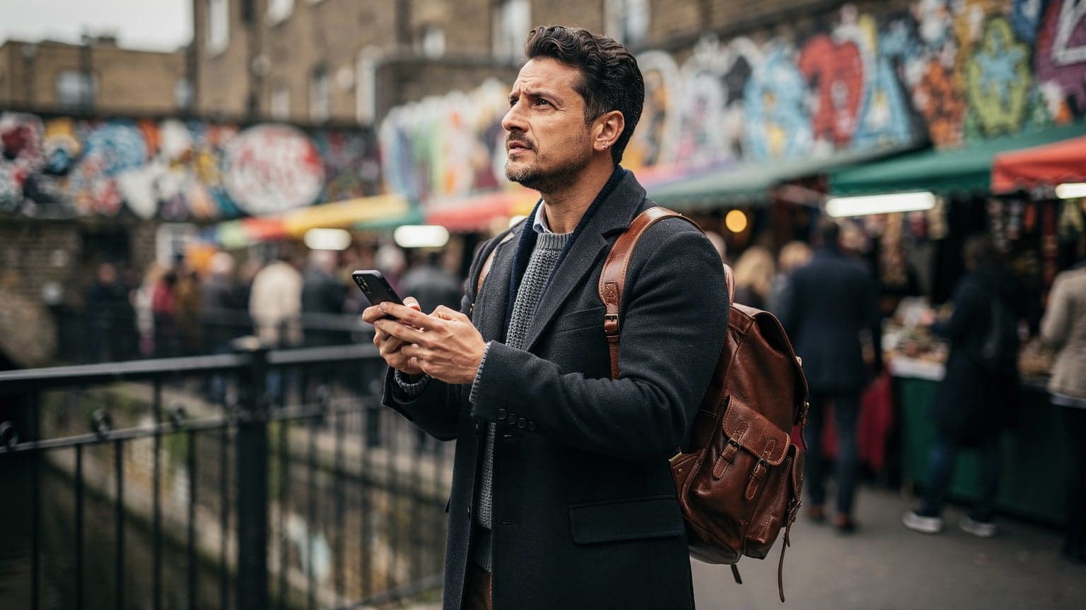 Un uomo italiano con uno zaino esplora Camden Town a Londra, consultando il suo smartphone per le indicazioni, con i mercati vivaci e l'architettura distintiva sullo sfondo.