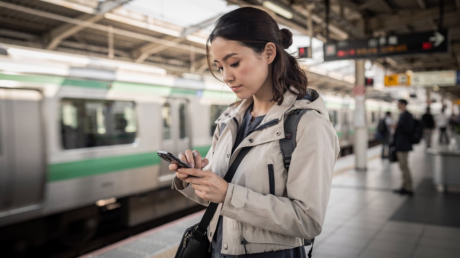 A traveler uses an iPhone at a bustling Tokyo train station, reviewing their eSIM settings while waiting for the Yamanote line.