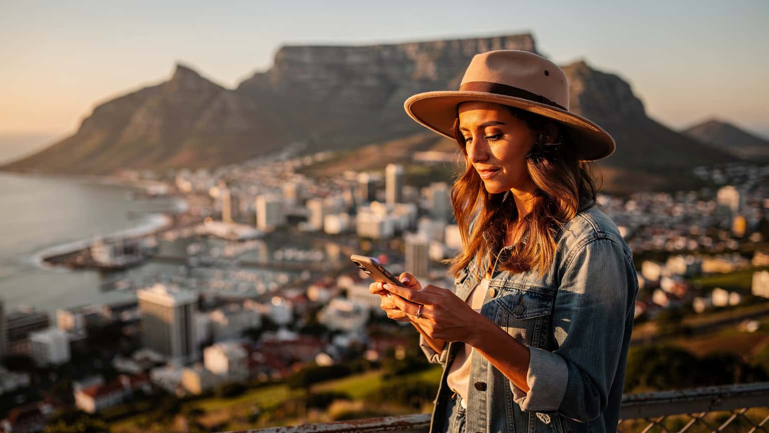 Een vrouw met een hoed kijkt op haar smartphone naar een kaart, met de majestueuze Tafelberg op de achtergrond in Kaapstad, Zuid-Afrika, bij zonsondergang.