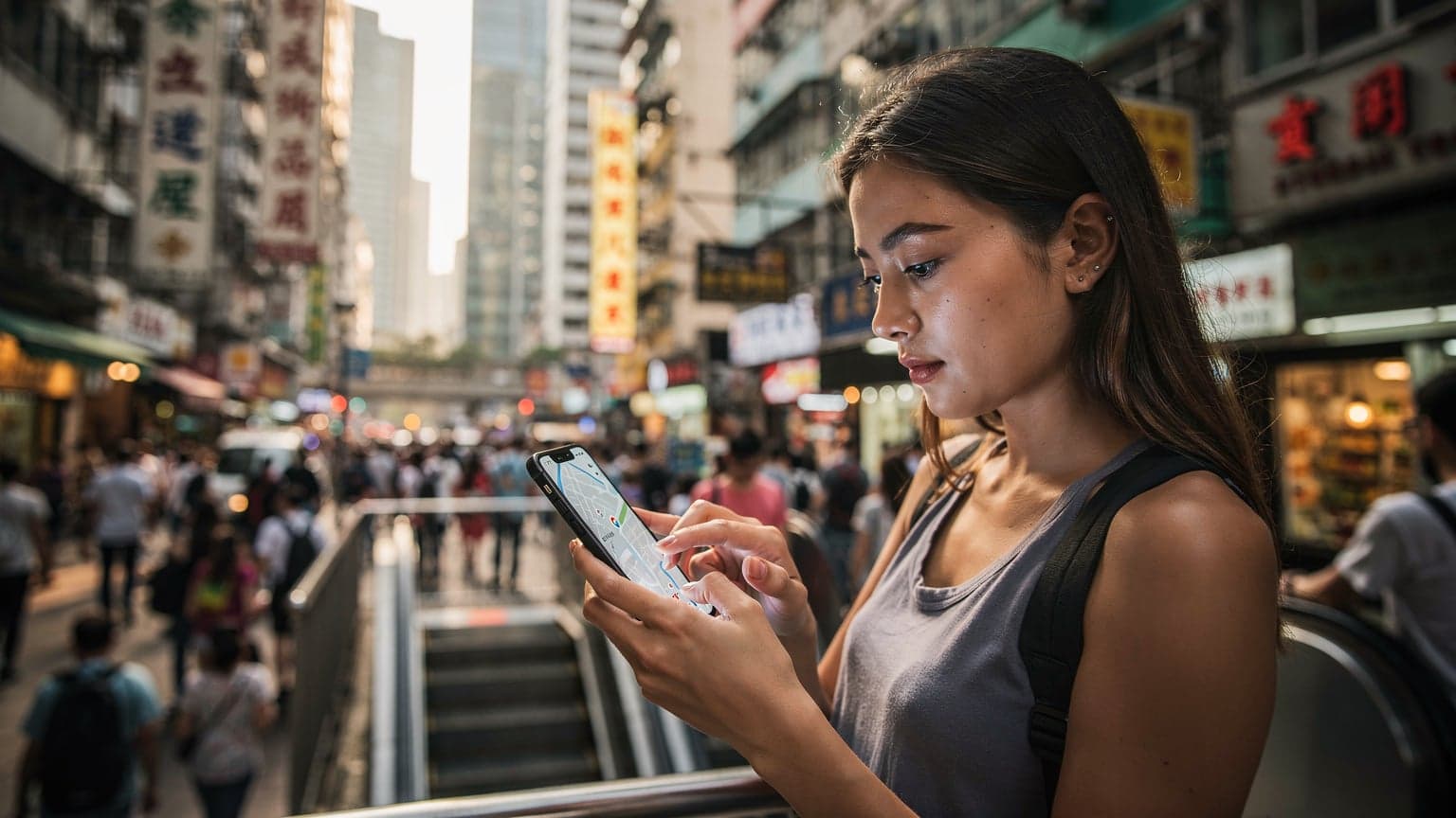 一位年輕女性在香港中環半山扶梯旁,手持iPhone 16查看地圖,背景是熙熙攘攘的街景和高樓大廈。