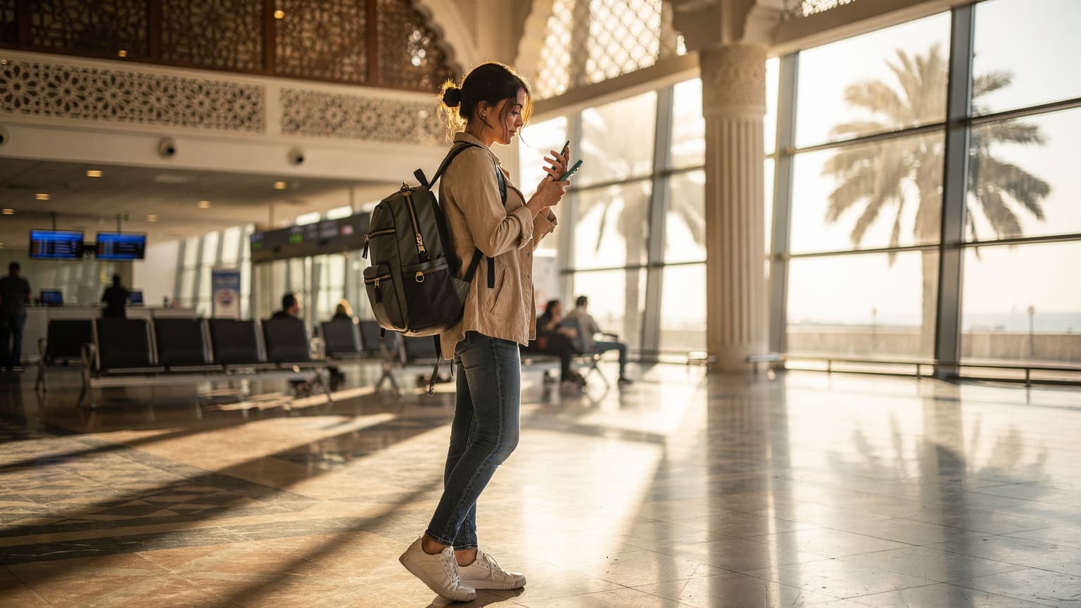 Une voyageuse regardant son téléphone à l'aéroport Mohammed V de Casablanca, avec des palmiers et l'architecture locale en arrière-plan, sous un soleil matinal doux.