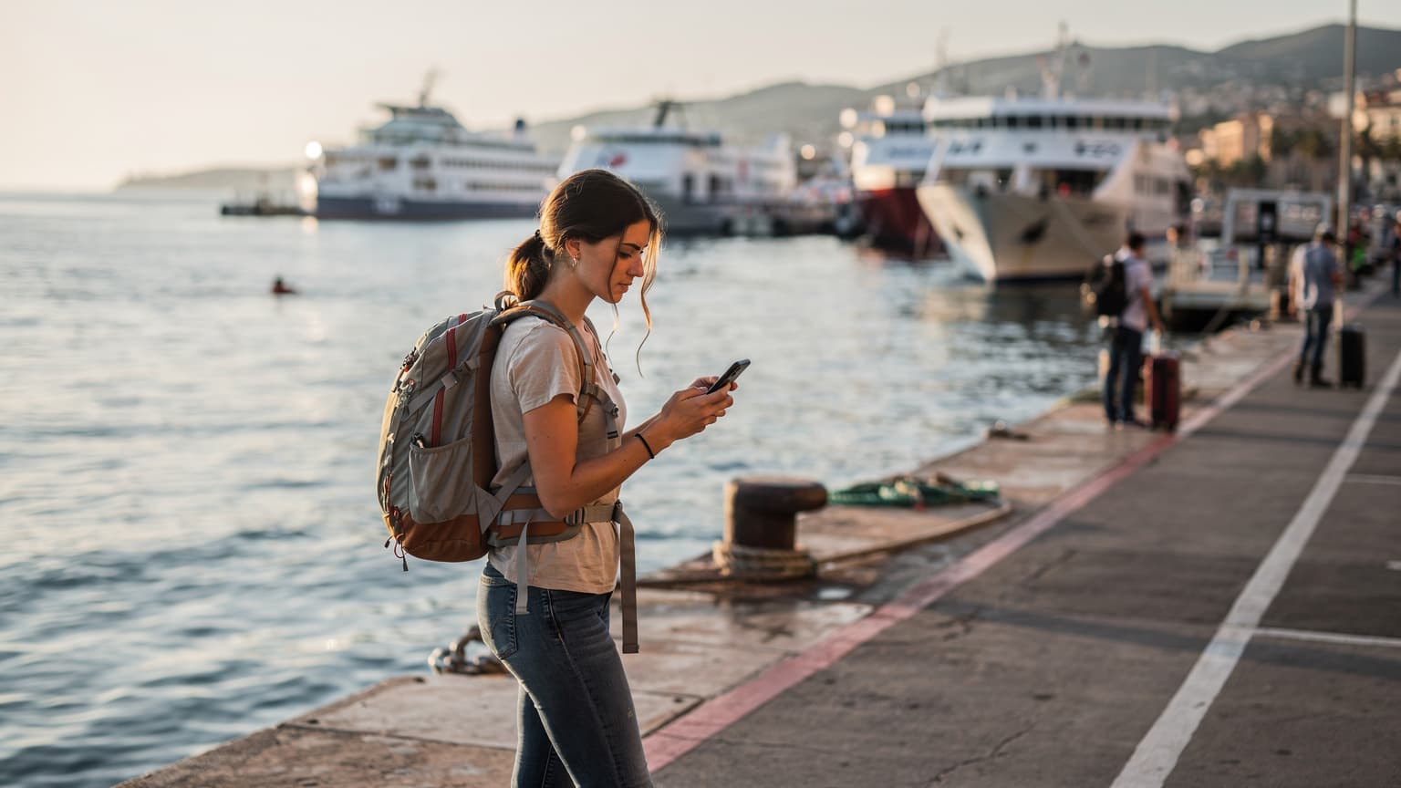 Una viajera joven con una mochila pequeña revisa su teléfono mientras espera el ferry en el puerto de Palma de Mallorca, con el sol de la mañana iluminando las aguas azules y los barcos.