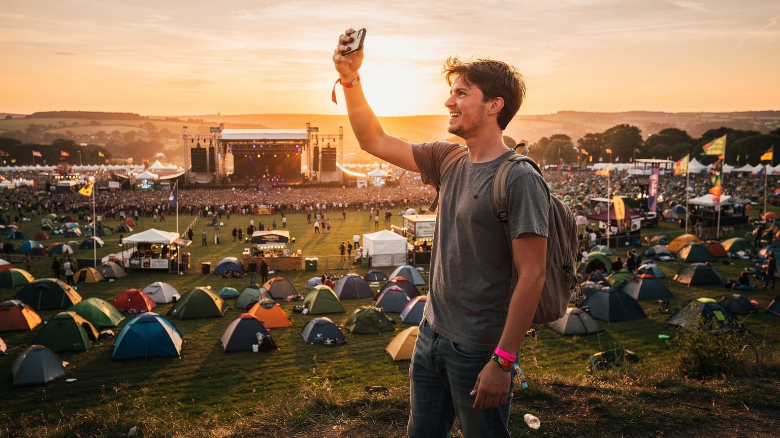 A young man with a festival wristband smiling and holding his smartphone up to capture a vibrant sunset over a crowded festival grounds, possibly Glastonbury, with tents and stages visible in the background.