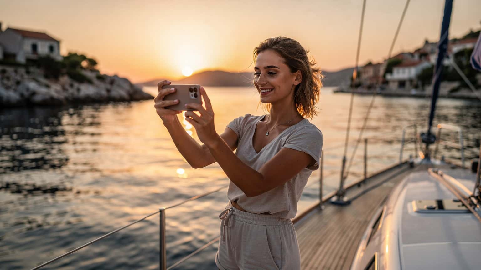Mladá žena s chytrým telefonem v ruce, usmívá se a fotí západ slunce nad Jaderským mořem z paluby malé jachty v Chorvatsku.
