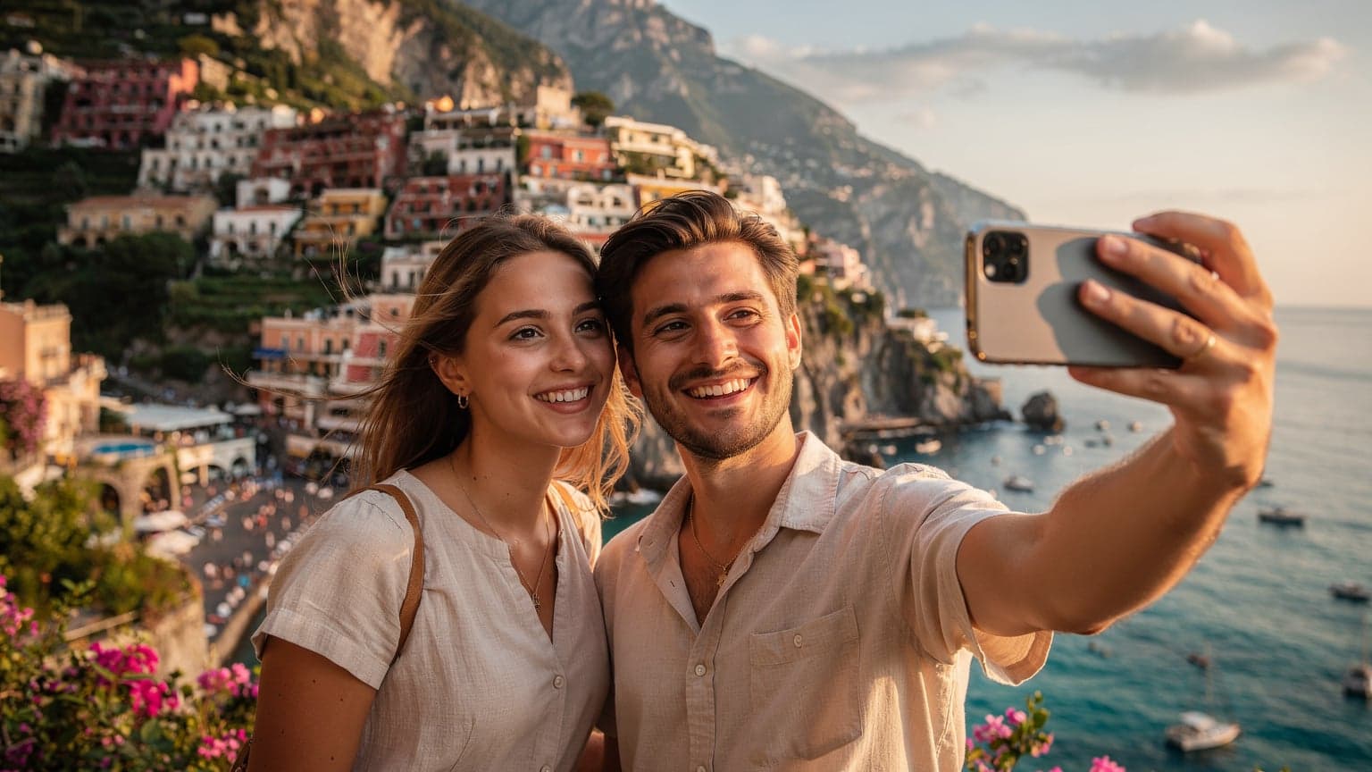 Ένα ζευγάρι ταξιδιωτών χαμογελά ενώ βγάζει selfie με φόντο την εκθαμβωτική ακτή του Αμάλφι στην Ιταλία, με το κινητό τους να δείχνει το σήμα δικτύου.