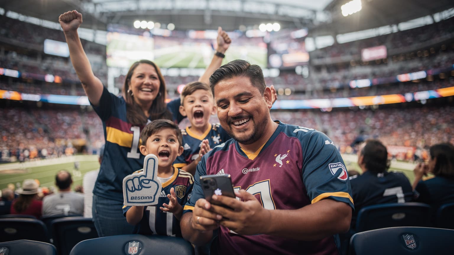 Una familia latinoamericana, con dos niños pequeños, animando en un estadio de fútbol en Estados Unidos, con el padre revisando su teléfono para la conexión.