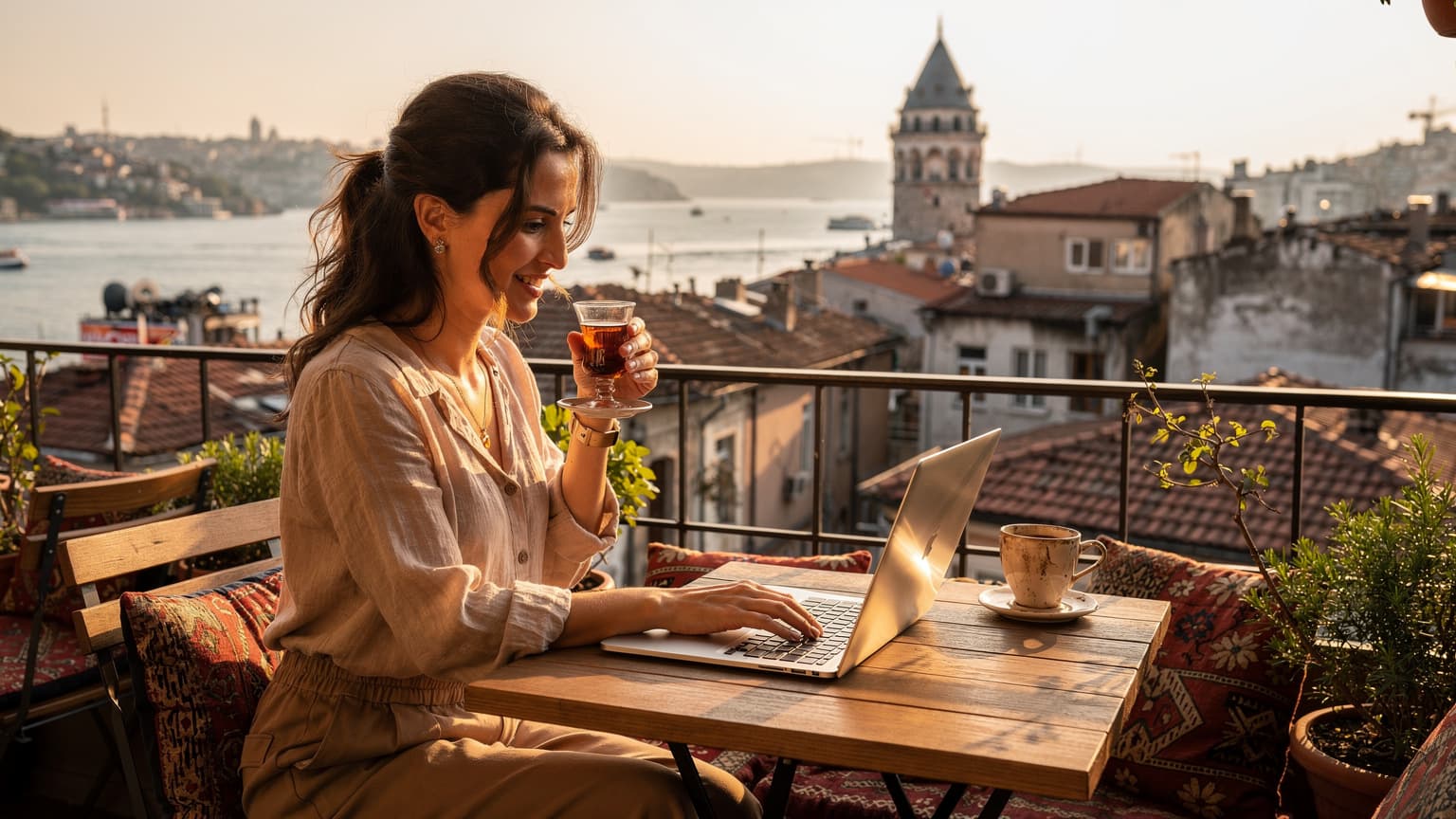 Una mujer nómada digital sonríe mientras trabaja en su portátil en un café con terraza en Karaköy, Estambul, con el Bósforo y la Torre Gálata de fondo al atardecer.