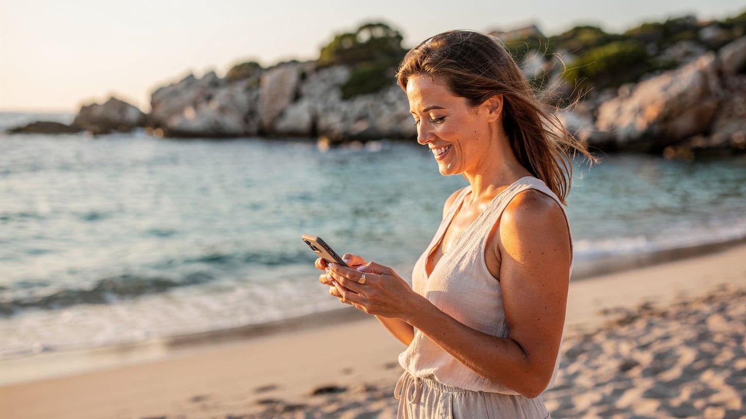 Une femme souriante, la trentaine, sur une plage de Corse près de Porto-Vecchio, regardant son téléphone avec le littoral en arrière-plan, le soleil de fin de journée créant une lumière dorée.