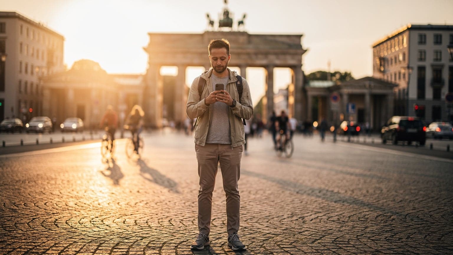 A traveler in Berlin's historic Mitte district, checking their phone for directions while standing near the Brandenburg Gate, illuminated by the soft light of a summer evening.