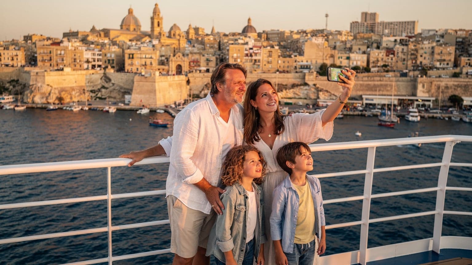 A family of four, two parents and two children aged 8 and 10, standing on the deck of a cruise ship looking out at a vibrant port city at sunset, with a smartphone in the mother's hand showing a map application.