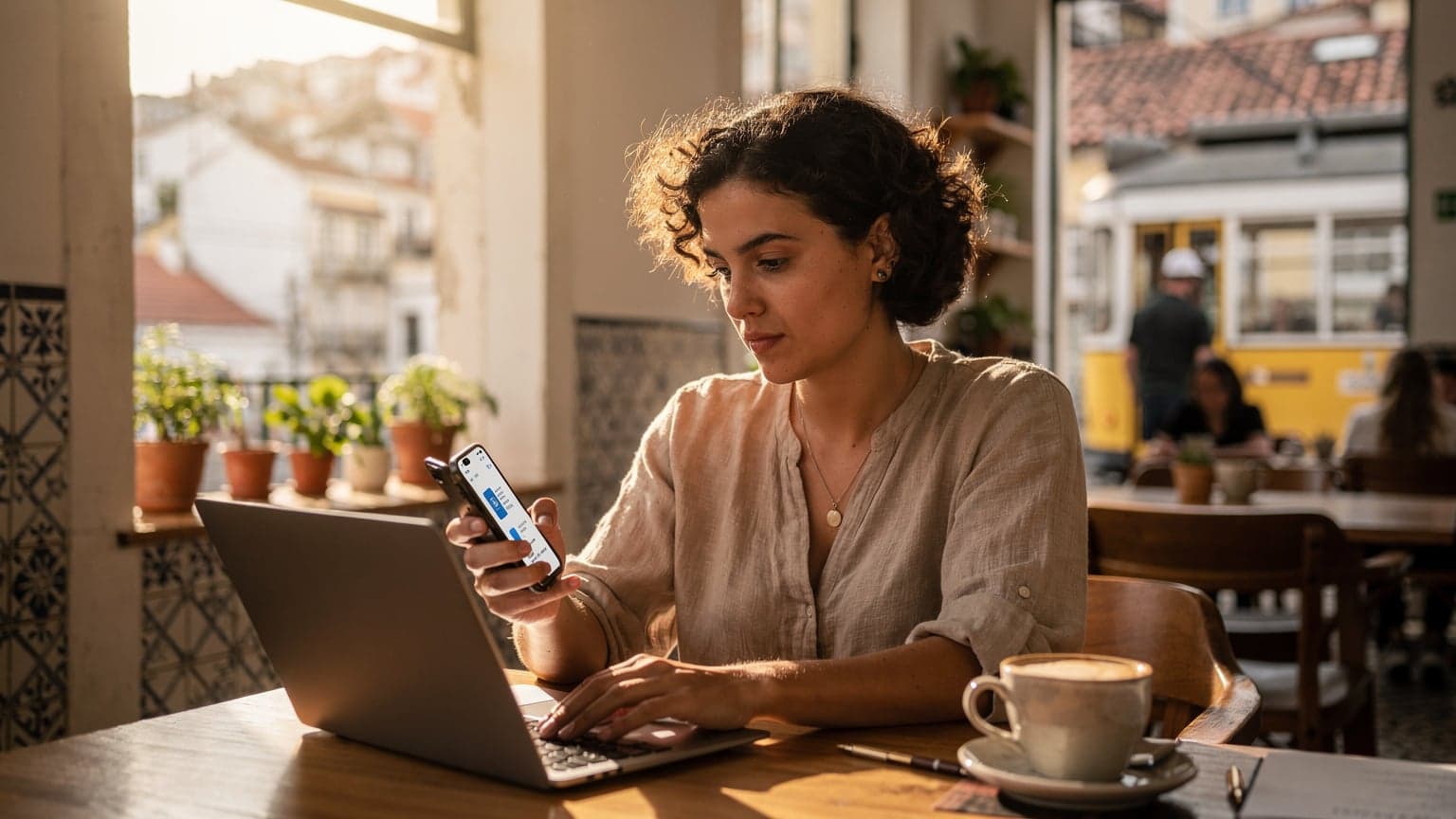 A digital nomad works on a laptop at a cafe in Lisbon, with a view of the city's iconic rooftops and a tram passing by in the background.